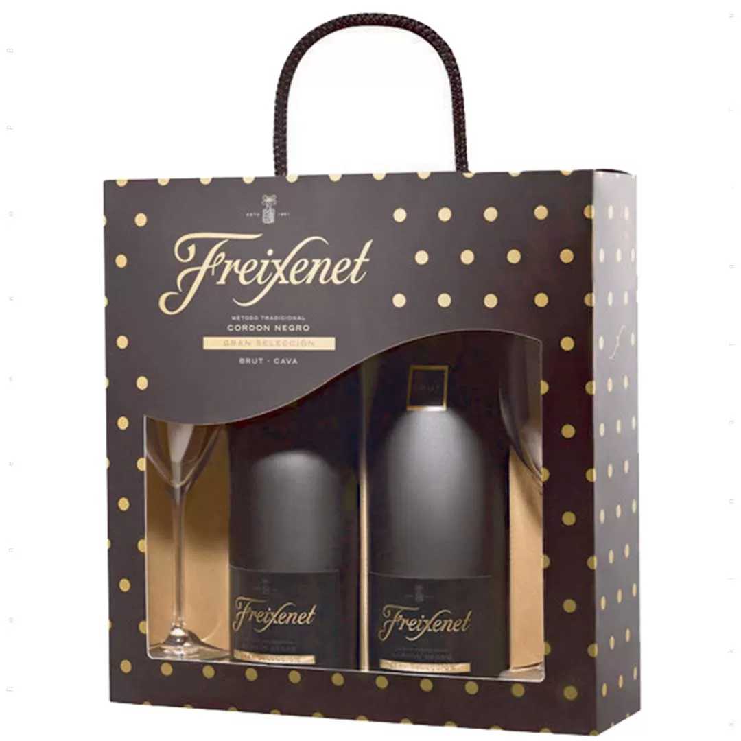 Вино игристое Freixenet Cava Cordon Negro белое брют 0,75л 11,5% 2 шт + 2 бокала