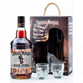 Алкогольный напиток на основе Карибского рома Captain Morgan Spiced Black 1л 40% + 2 рюмки
