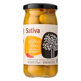 Оливки зеленые фаршированные красным перцем Sativa 370г