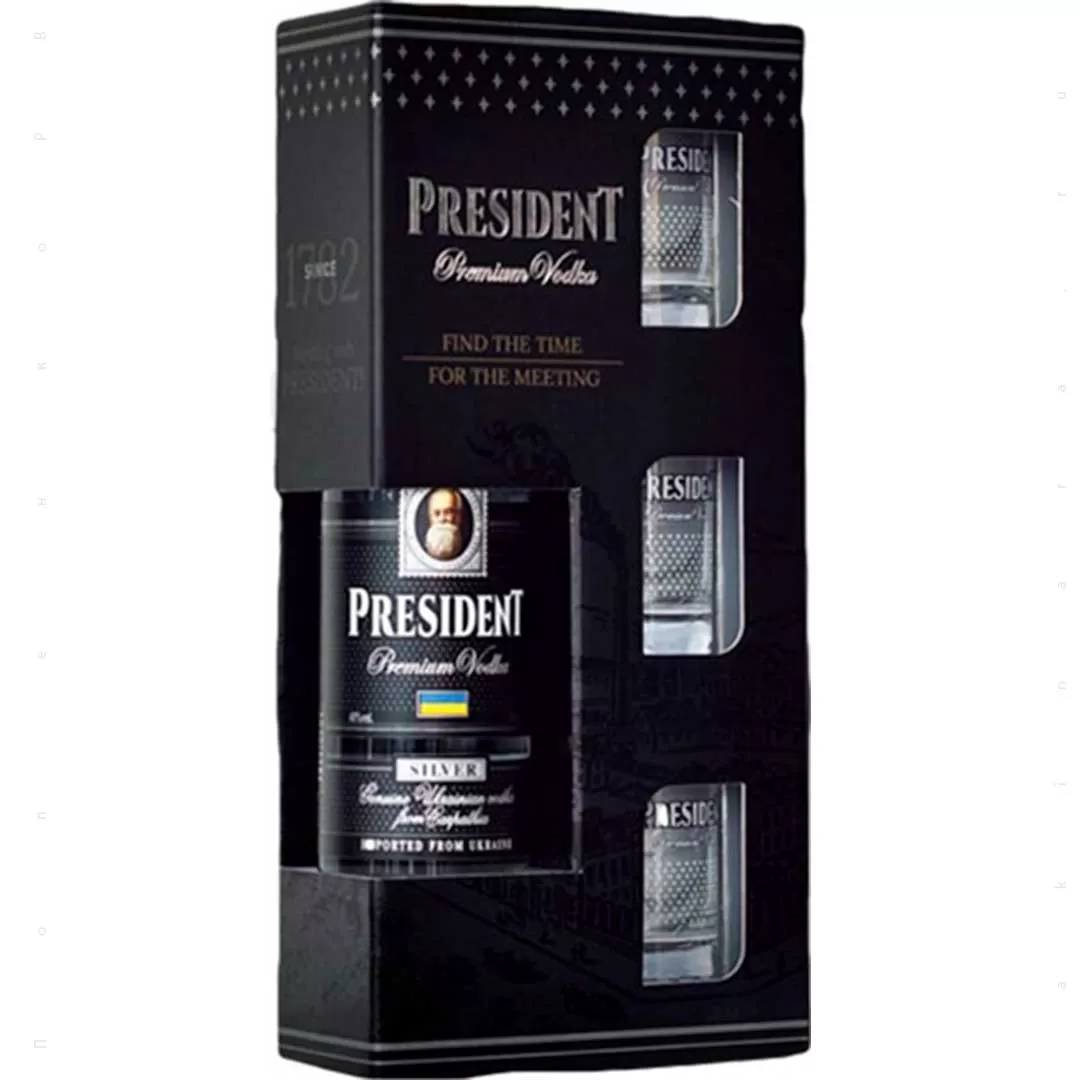 Водка President Silver 0,5л 40% + 3 стопки Подарочный набор