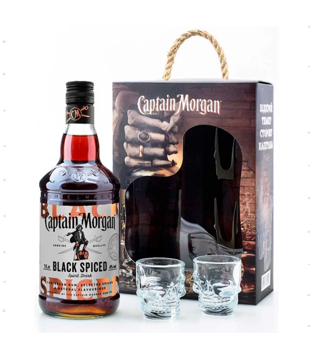 Алкогольный напиток на основе Карибского рома Captain Morgan Spiced Black 1л 40% + 2 рюмки
