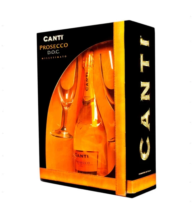 Вино игристое Canti Prosecco Millesimato белое экстра-сухое 0,75л 11% + 2 бокала в подарочной упаковке