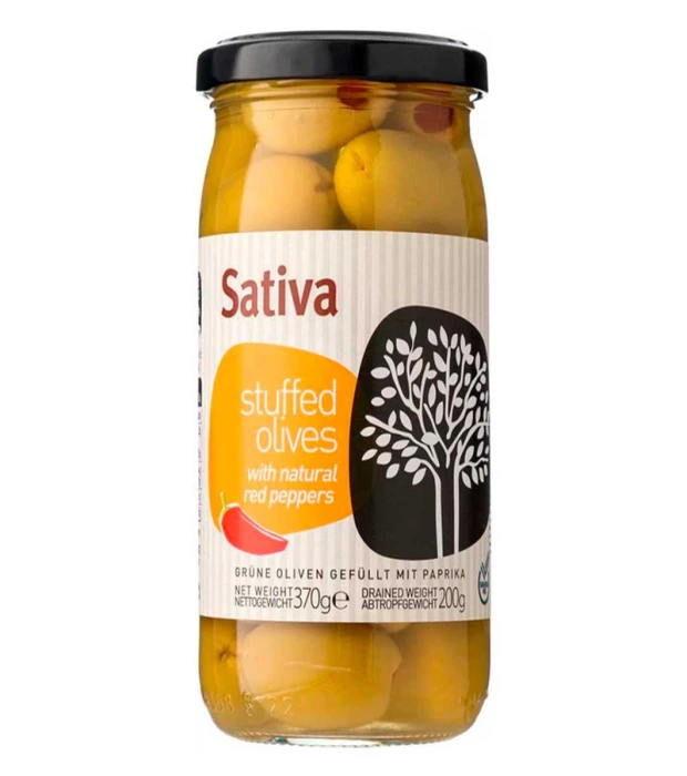 Оливки зеленые фаршированные красным перцем Sativa 370г