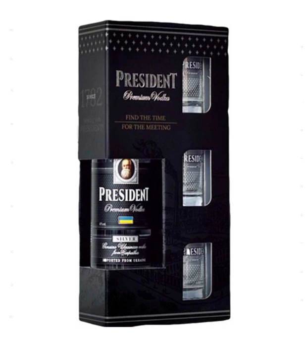 Водка President Silver 0,5л 40% + 3 стопки Подарочный набор