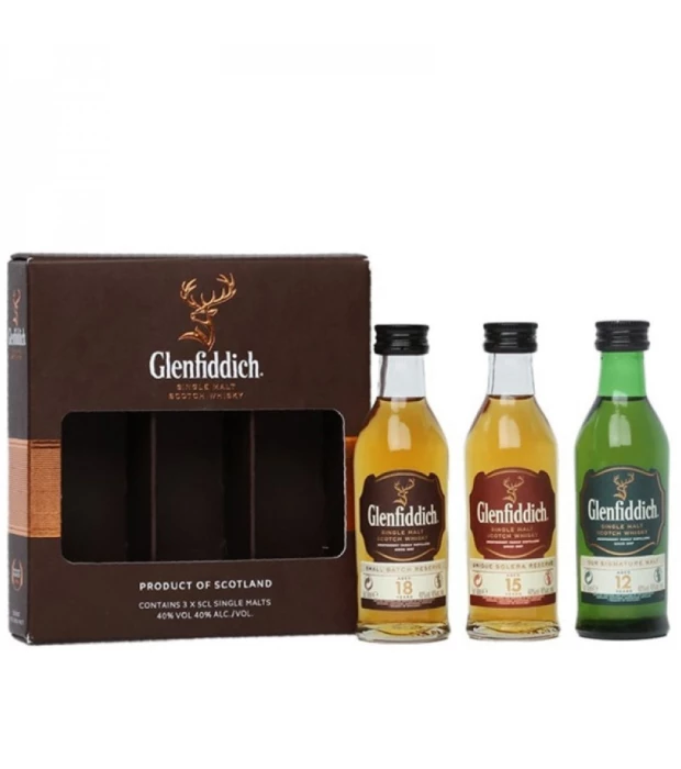 Виски односолодовый Glenfiddich Mix Pack (3 бут. по 0,05л – 12 yo, 15 yo, 18 yo) 0,15л 40%