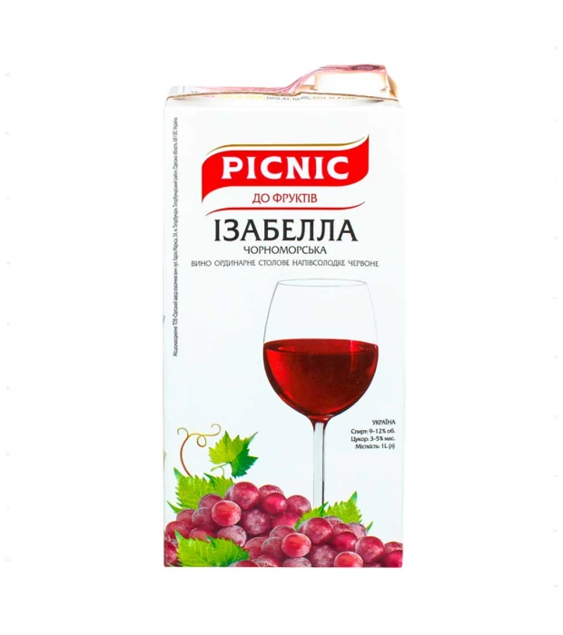 Вино Picnic Ізабелла Чорноморська червоне напівсолодке 1л 9-12%