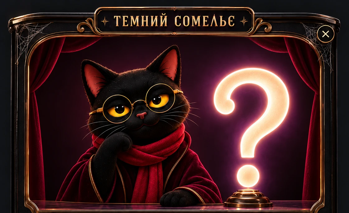 ТЕМНИЙ СОМЕЛЬЄ — Вайні в окулярах і бордовому шарфі біля сяйливого знака питання